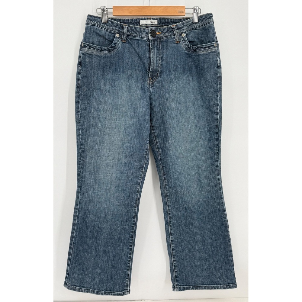 Chicos Platinum Womens Medium‎ Wash Blue Bootcut Stretch Denim Jeans Sz 2 Short